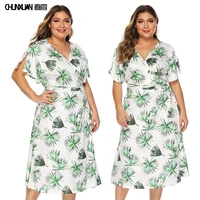 

Women clothing plus size casual dresses print slim v-neck short sleeve dress