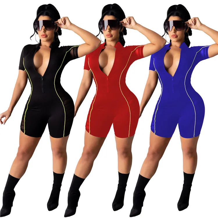 

Mesh Striped Patchwork Sexy Slim Fit Playsuits Women Casual Deep V Neck Short Sleeve Club Outfit Activewear Sporty Short Overall, As picture