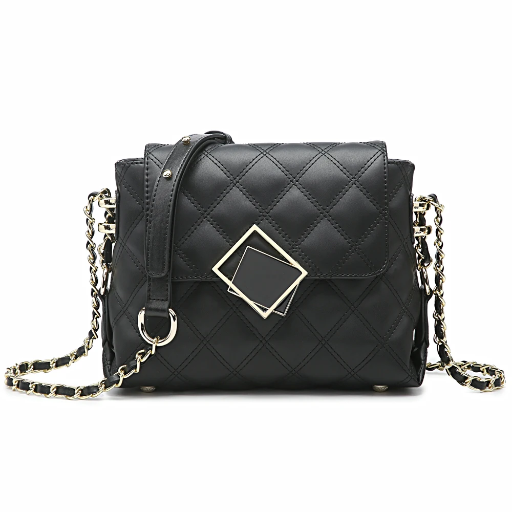 

2021 New Fashion Genuine Leather Diamond Lattice Small Black Shoulder Bag for Women Designer Chain Ladies Flap Handbags Purse