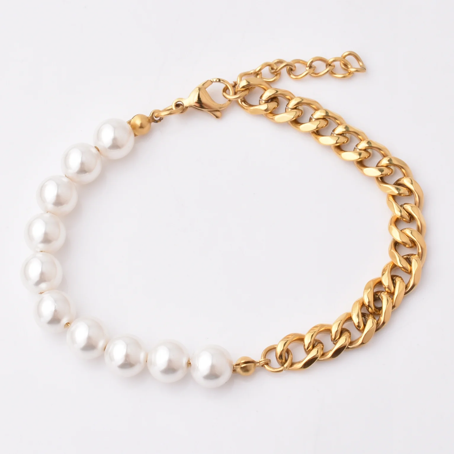 

In Stock Trendy Stainless Steel Gold Plated Lobster Clasp Freshwater Pearl Chain Bracelet For Women Men