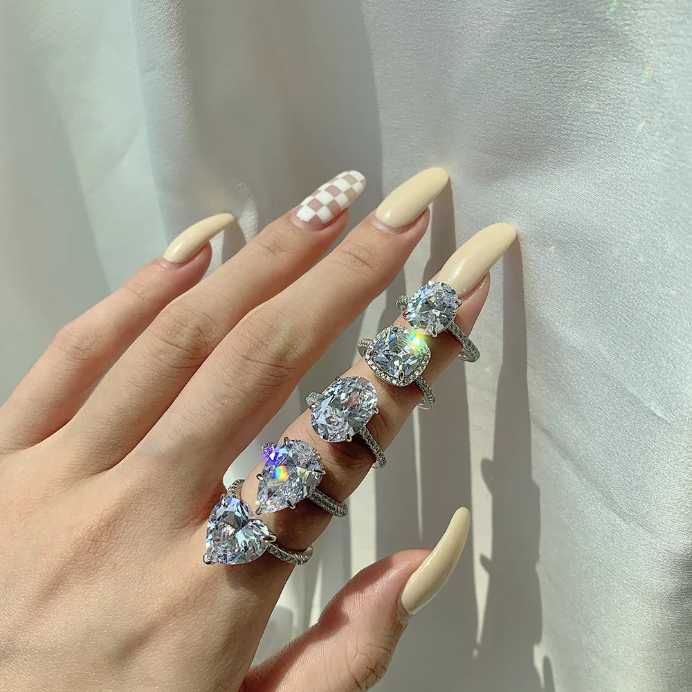 

S925 Sterling Silver Ring Light Luxury Water Droplets Love Heart Oval Iced Out Zircon Engagement Ring Wedding Ring