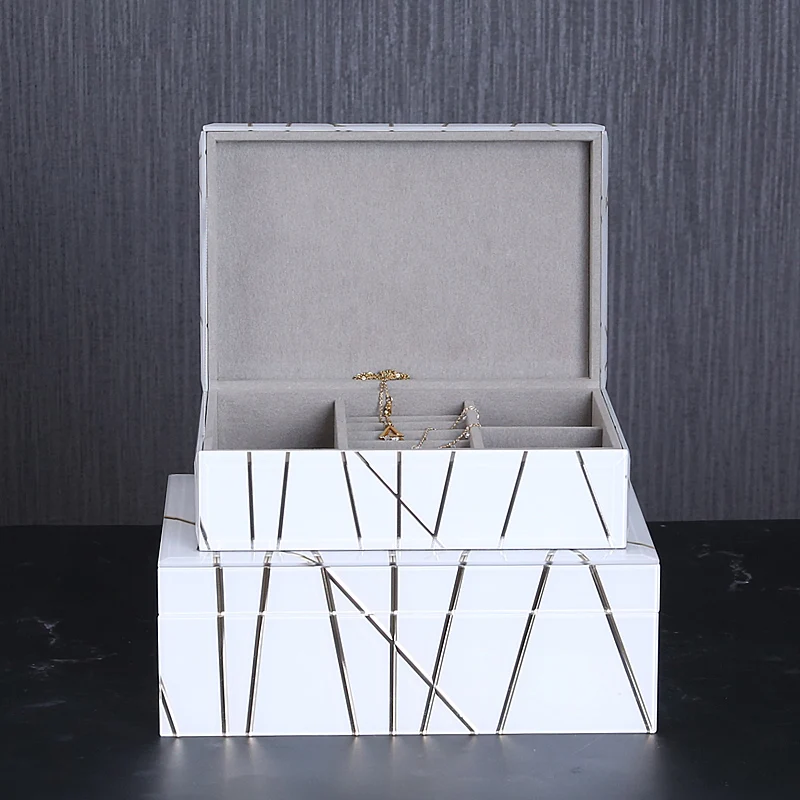 

House Accessories Modern Interior Jewellery Boxes White Glass Decorative Box With Golden Line, White, grey