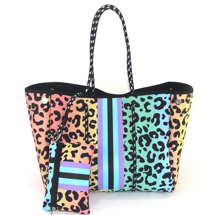 

Custom New Trendy Large Casual Woman Summer Neoprene Beach Bag Neoprene Tote Leopard Neoprene Tote Bag with Removable Pouch, Customizable