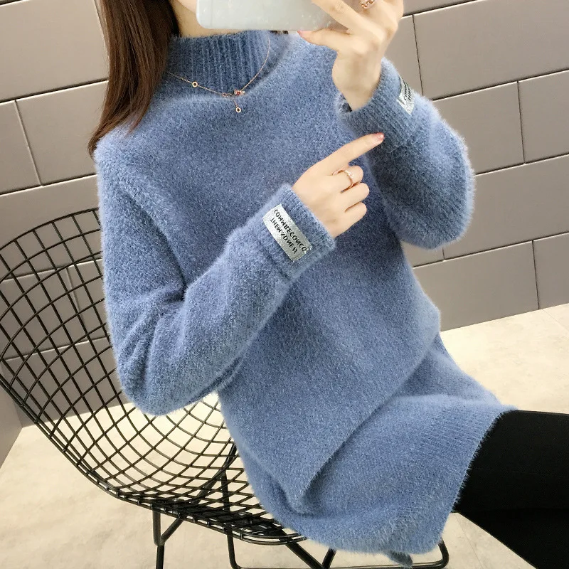 

Fashionable new arrival middle high neck loose fit women winter thick sweater dress