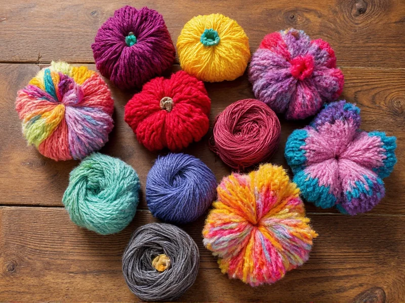 Colorful yarn crafts displayed on wooden table