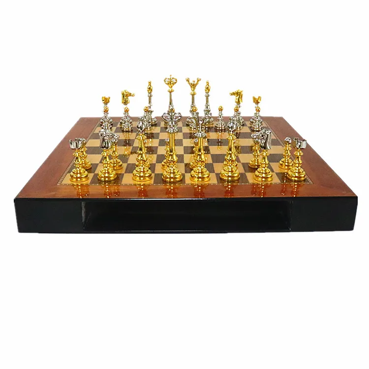 

Wooden Pieces Travel Outdoor Chess Table Roman Luxury Sets High Quality Customization Game Big Metal Chess Set, Gold + silver(customized design)