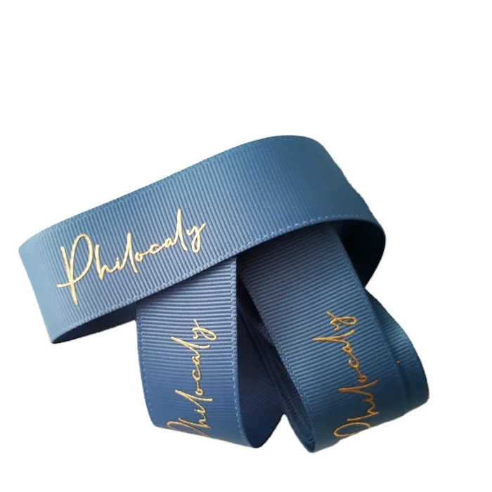 

Custom Personalized Luxury Grosgrain Ribbon with Gold Logo Hot Stamping Puff Printing