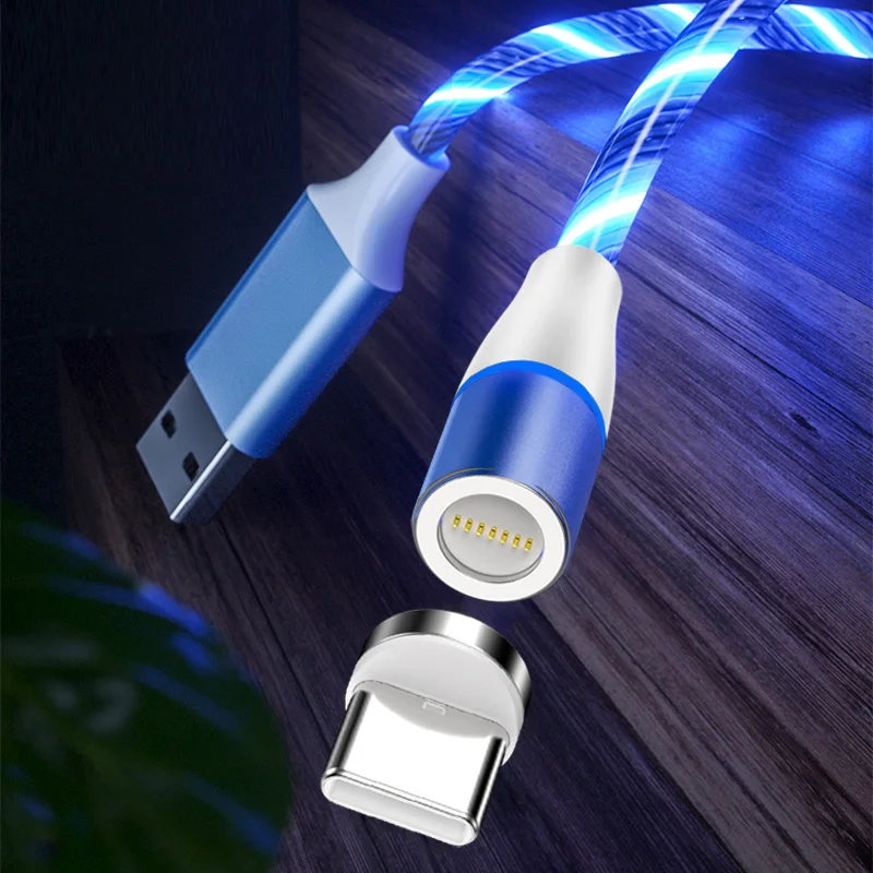 

1m 2m Led Glowing 3A Fast Charging Usb Cable Three-In-One Streamer Magnetic Usb Data Cable For Iphone Mobile Phone, Blue,green,red,colors