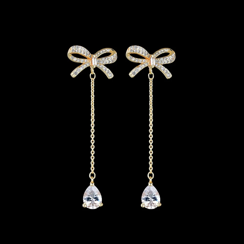 

Retail best selling brass bowknot high quality long water drop zircon sweet earrings gift for girl, As pics