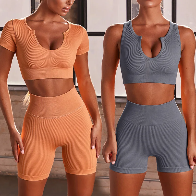 

Custom Apparel Manufacturer Sports Apparel Sets Seamless Running Workout Wear Set Ribbed Knit 2 Piece Short wear Set For Ladies, 11 colors