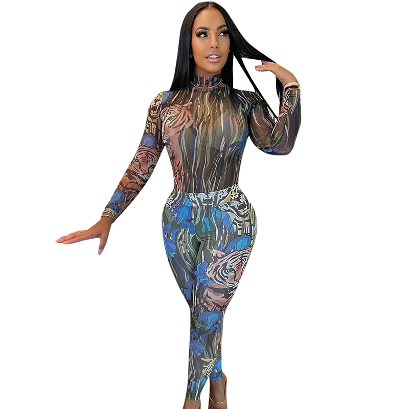 

K21ST589 Winter Print Tiger Head Leopard Head High Street 2-Piece Long-Sleeved High-Necked Bodysuit+ Pants Women Mesh Sexy Sets
