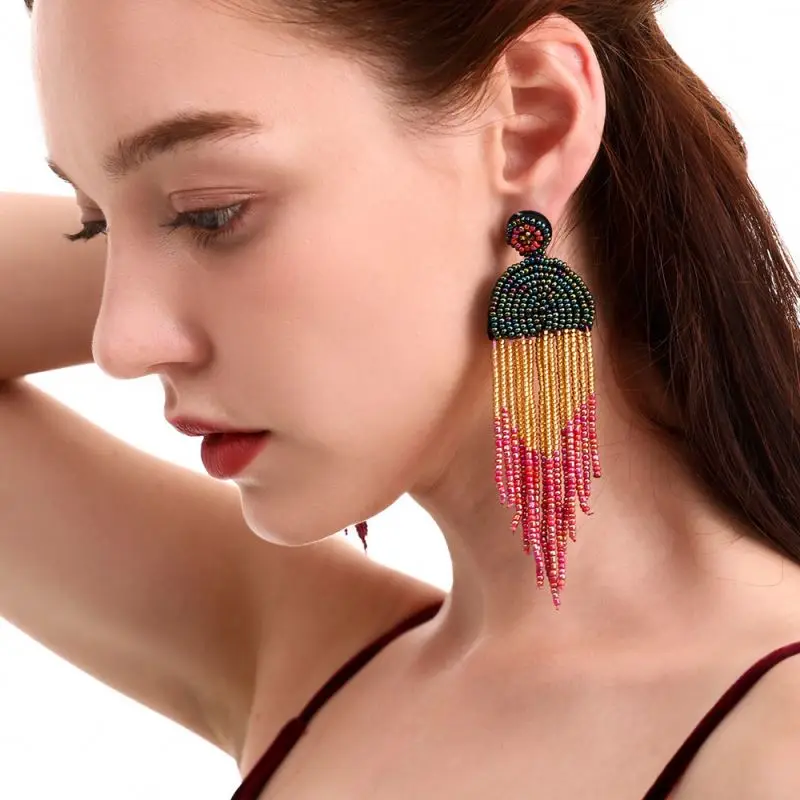 

IE3234 Lincy Geometric Irregular Handmade Long Tassel Beads Earrings Fashion Contrast Color Beaded Tassel Dangle Earrings, As picture