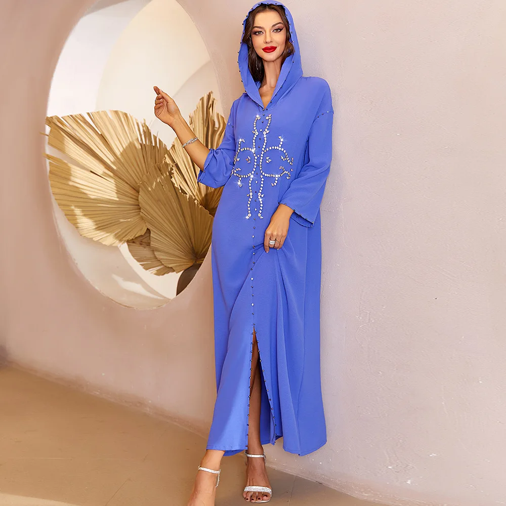 

2288 Kuwii Latest design kaftan marocain luxurious hoodie abaya turkey caftan Saudi Oman Eid moroccan dress, Blue,yellow