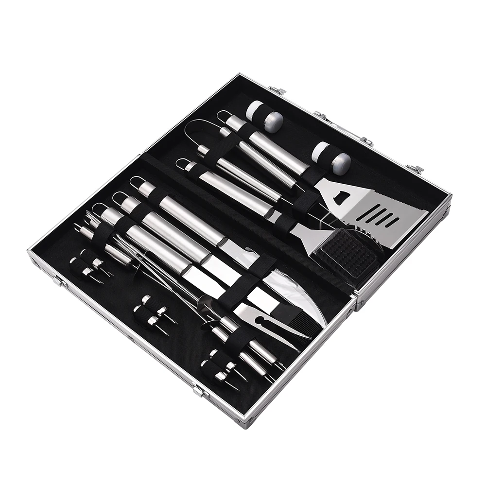 

Hot Selling Portable 18-Piece BBQ Stainless Steel Barbecue Grill Utensils Set With Aluminium Case, Silver