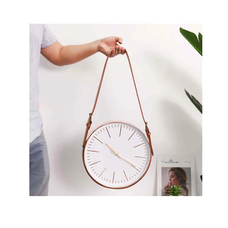 

2021 Gold Wall Clock Nordic Vogue Mute Movement Glass Clock Minimalist Home Decor PU Leather Belt Hanging Clock, Customized color