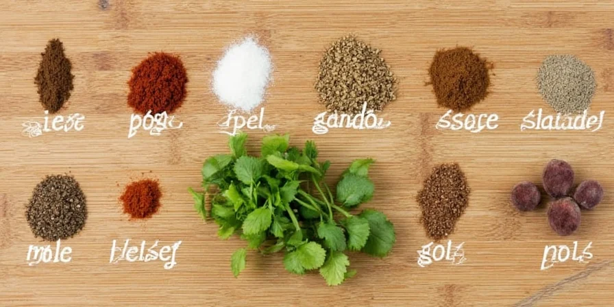 Bowl of Mole Poblano ingredients laid out