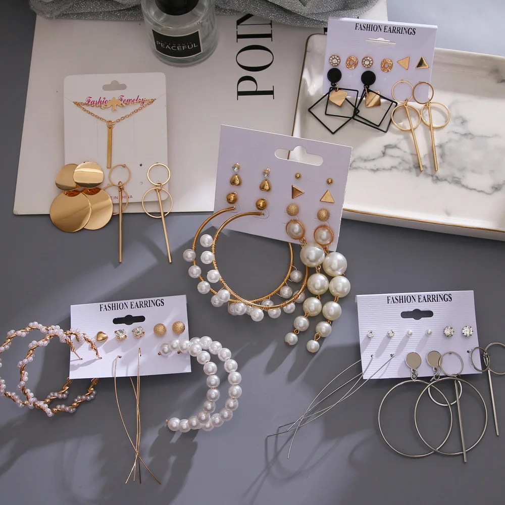 

Fashion ins style with large circle big hoop pearl alloy set earrings for women, As the option