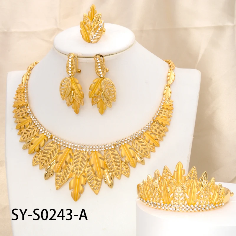 

4 Piece Womens Gold Plated Pictures Necklace And Earrings Jewelry Set Luxury zirconia jewelry set