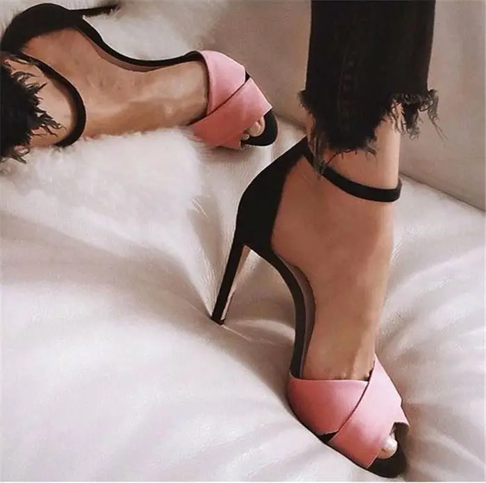 

Deleventh Shoes Woman 2020 Fresh Design Suede Splicing Peep-Toe Sandals Stiletto High Heels Formal Shoes Pink In Stock Wholesale