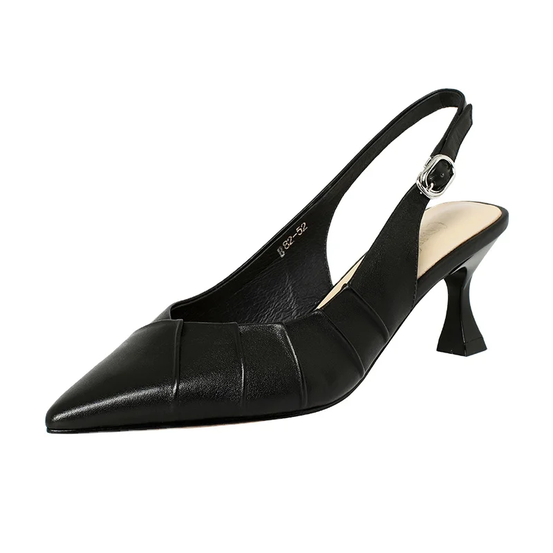 

Universe M069 New Arrival Fold Design Genuine Leather Slingbacks Buckle Strap Thin Heel Comfortable Dress Shoes Pumps, Black/ivory