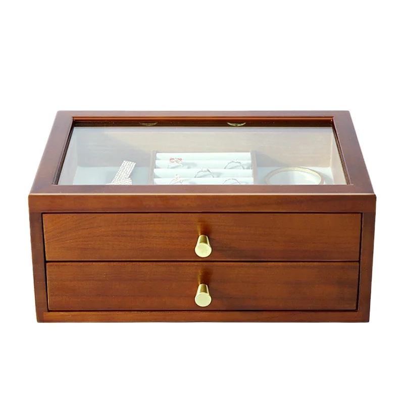 

Double drawer design partition storage orderly visual window jewelry box with glass top, Brown