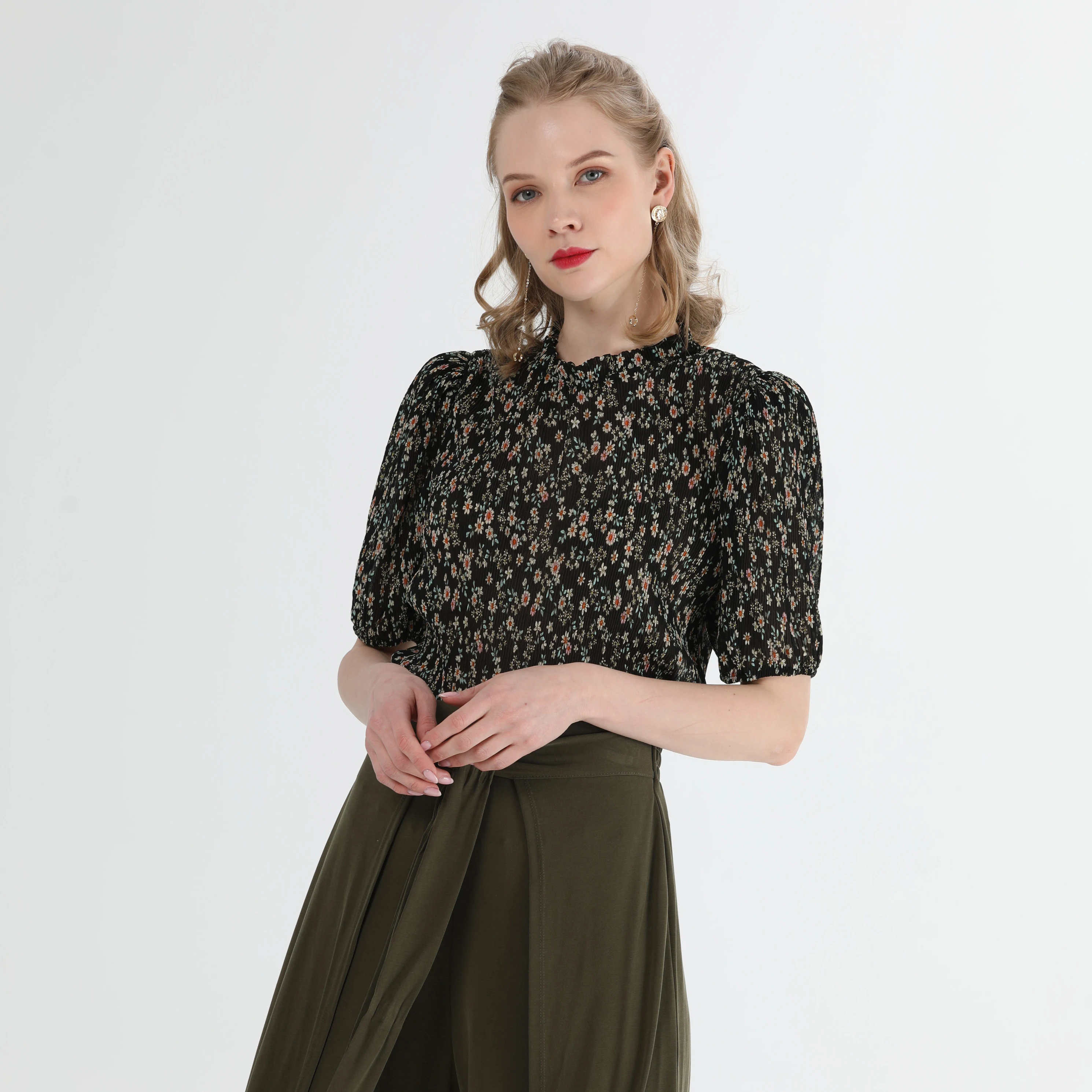 

Ladies Summer New Woman Chiffon Short Sleeve Pleated Casual Shirts Tops Blouses for Women