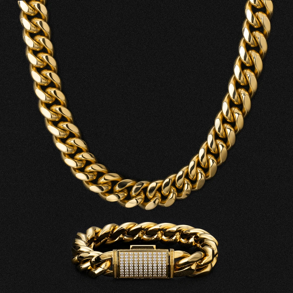 

KRKC Drop Shipping RTS Stock Low MOQ 18mm 18K Gold Plated Iced Out CZ Clasp Stainless Steel Miami Cuban Link Chain For Amazon
