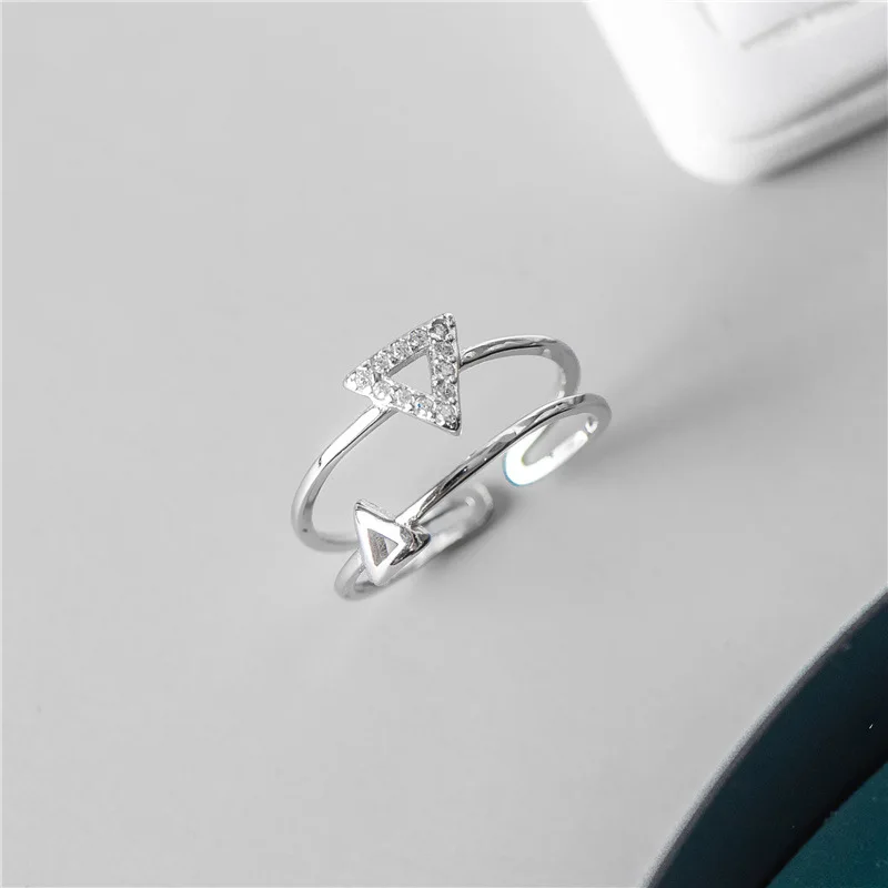 

Newest Design S925 Sterling Silver Geometric Open Ring Double Layers Pure 925 Silver CZ Crystal Triangular Band Rings