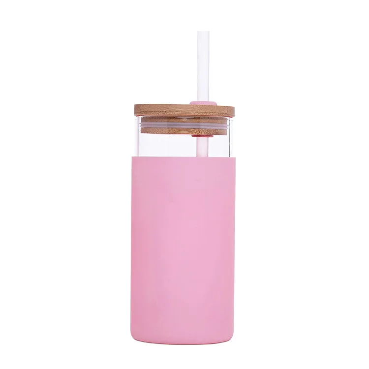 

BPA Free Coloured 18.5 oz High Borosilicate Glass Tumbler with Straw Silicone Protective Sleeve Bamboo Lid