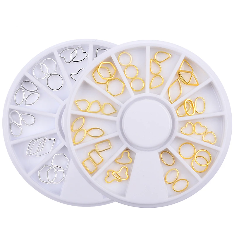 

Mixed Hollow Style Gold Silver Metal 3d Nail Art Decorations Wheel Round Oval Square Design Alloy Nail DIY Tools Accessories