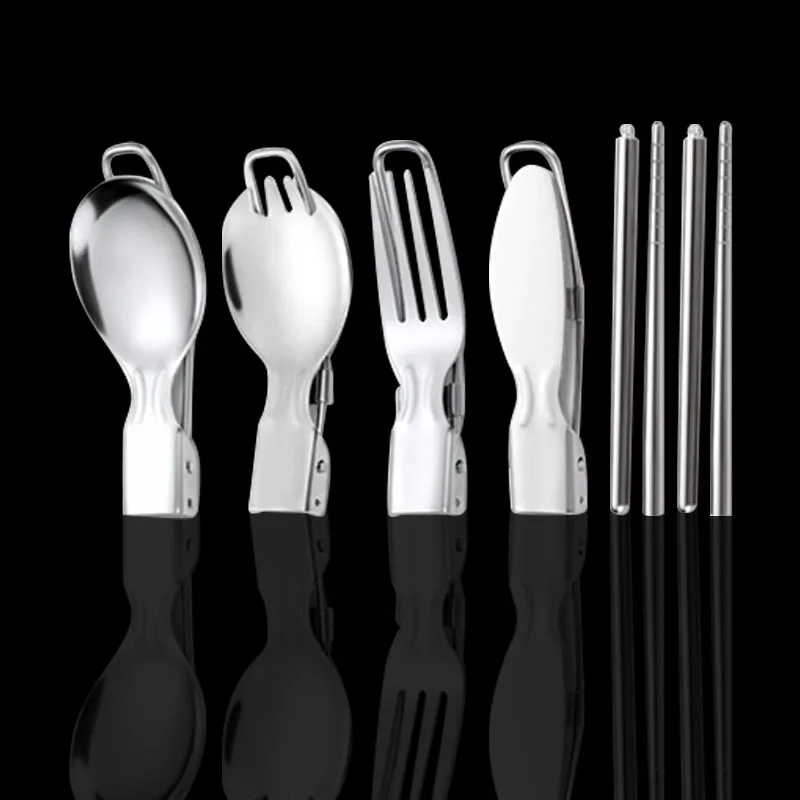 

Wholesale 304 stainless steel knife spoon fork salad spoon chopsticks portable foldable cutlery set