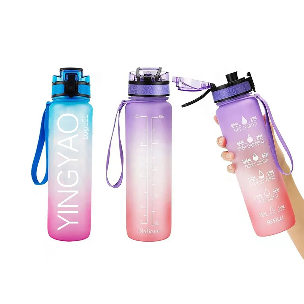 

32oz blue and pink wide mouth adults outdoors sports drinks fruit juice motivational water bottle with time mark paper box