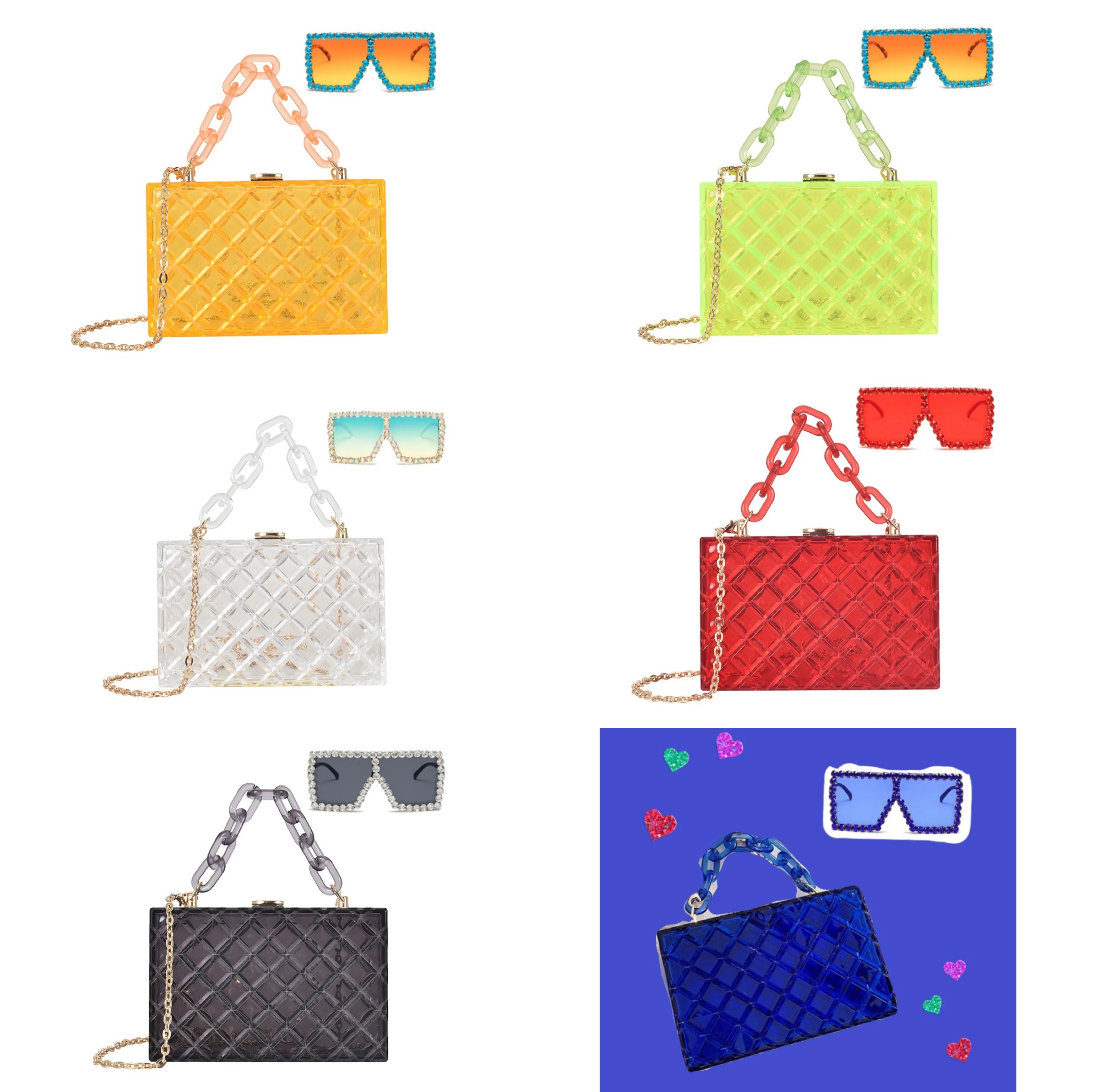 

2021 designer Transparent Clear Acrylic box purse evening clutch with matching Rhinestone oversize shades sunglasses for Women, 6 colors