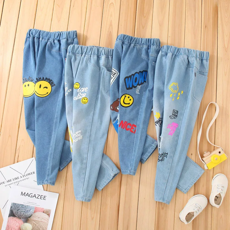 

Wholesale High Quality Kids Denim Jean High Quality Washed Ripped Jeans Elastic Band Casual Girl's Jeans