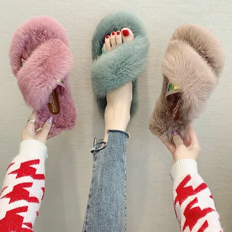 

Female autumn new fund of a plush open toe type flat with rabbit hair web celebrity simple flat bottom non-slip thermal slippers, Picture