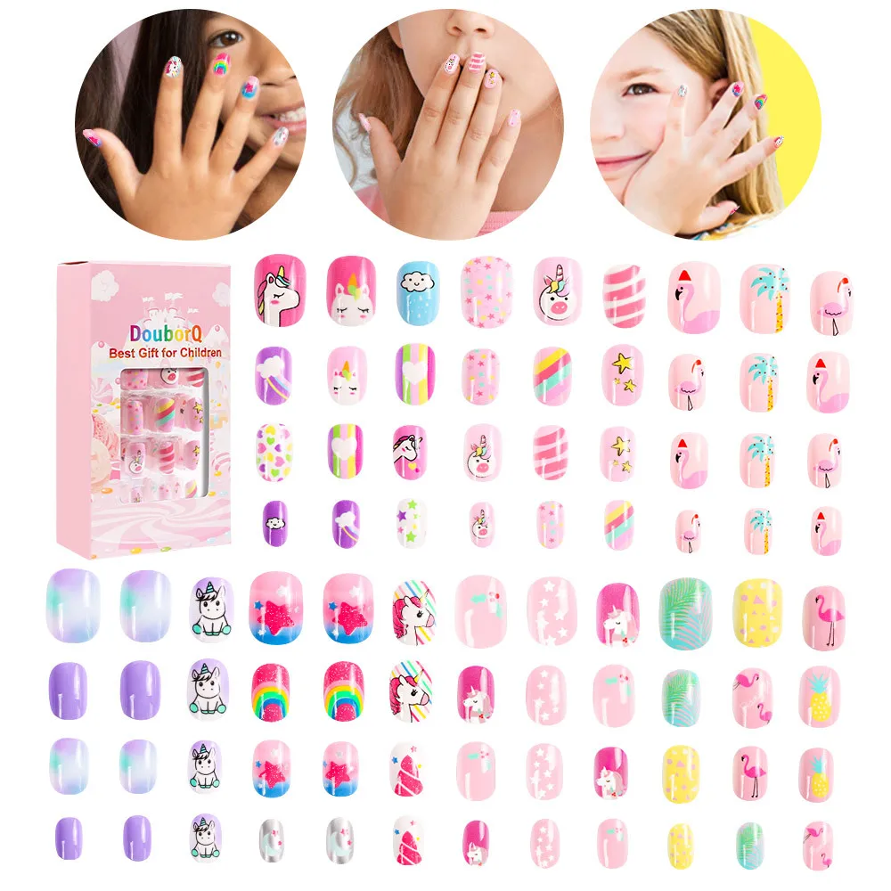 

84Pcs Child Nails Kids False Girls Cartoon Press on Nails Colorful Full Cover Cute Short Nail Tips Kits, Picture