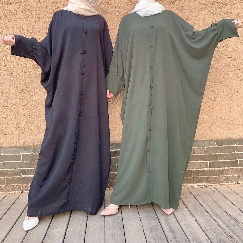 

Wholesale Solid Jilbab Abaya wiht Buttons decoration linen fabric long sleeves Muslim maxi dress, Black, army green, blue, khaki