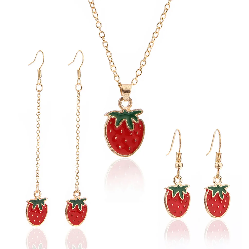 

2020 simple Jewelry strawberry Shape Necklace and earrings Jewelry Set for kids