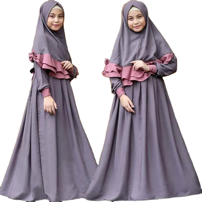 

IHJ706 Girls Spring and Autumn Islamic Clothing Long Sleeve Muslim Dress + Turban Two-piece Set, Customized color