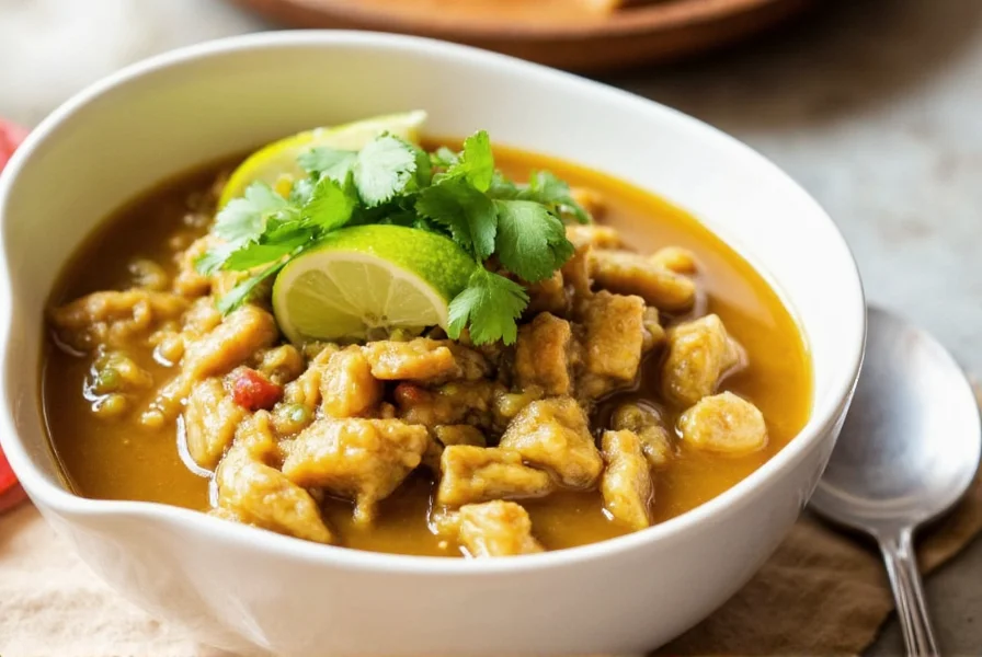 Finished bowl of green chili verde with chicken topped with fresh cilantro and lime wedge