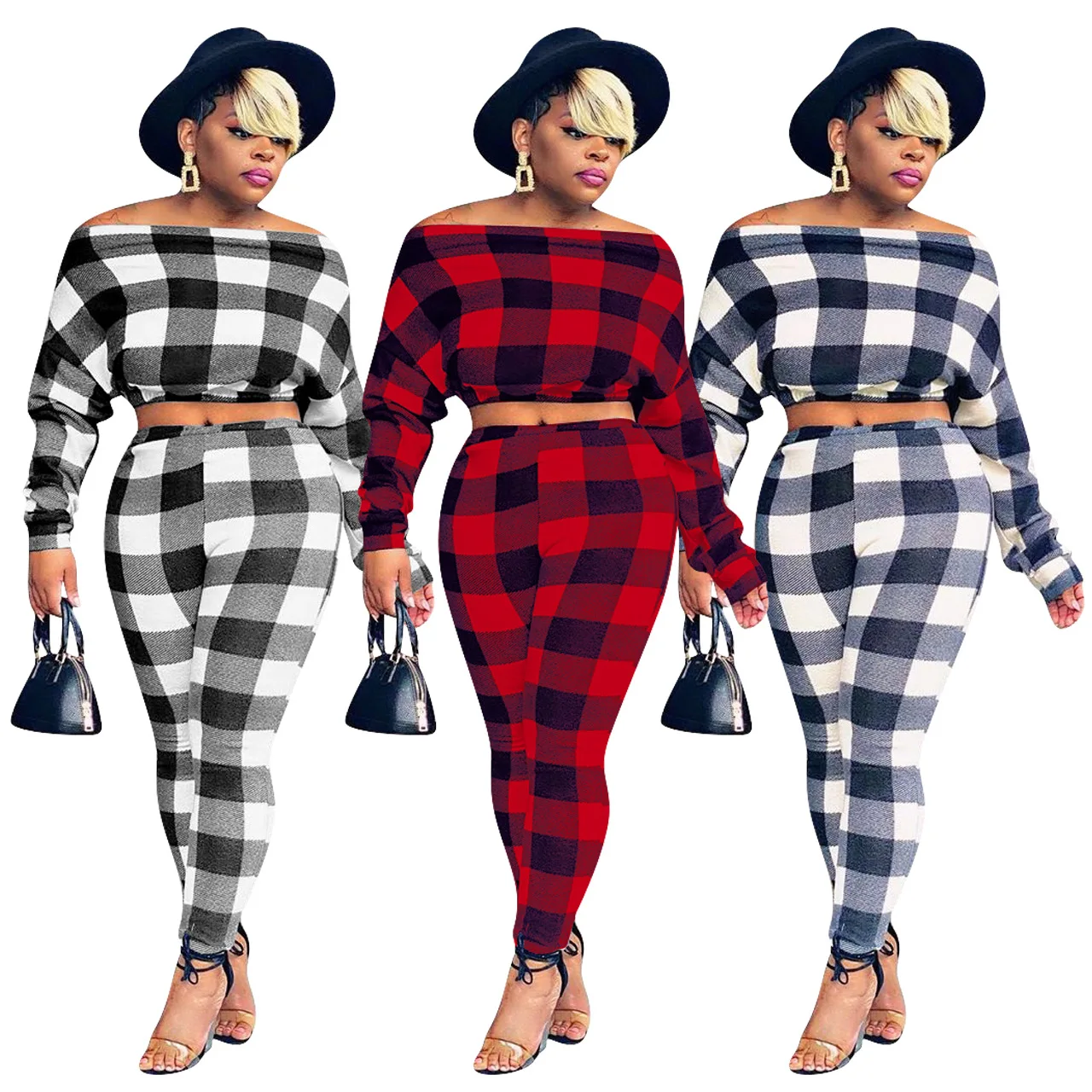 

Fashion Ladies Two Piece Pants Set Red And Black Plaid Skinny Long Sleeve Casual Outfit Matching Set