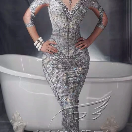 

Bodysuit celebrating Sparkly Silver Rhinestones See Through crystals fancy evening club party dress women gowns