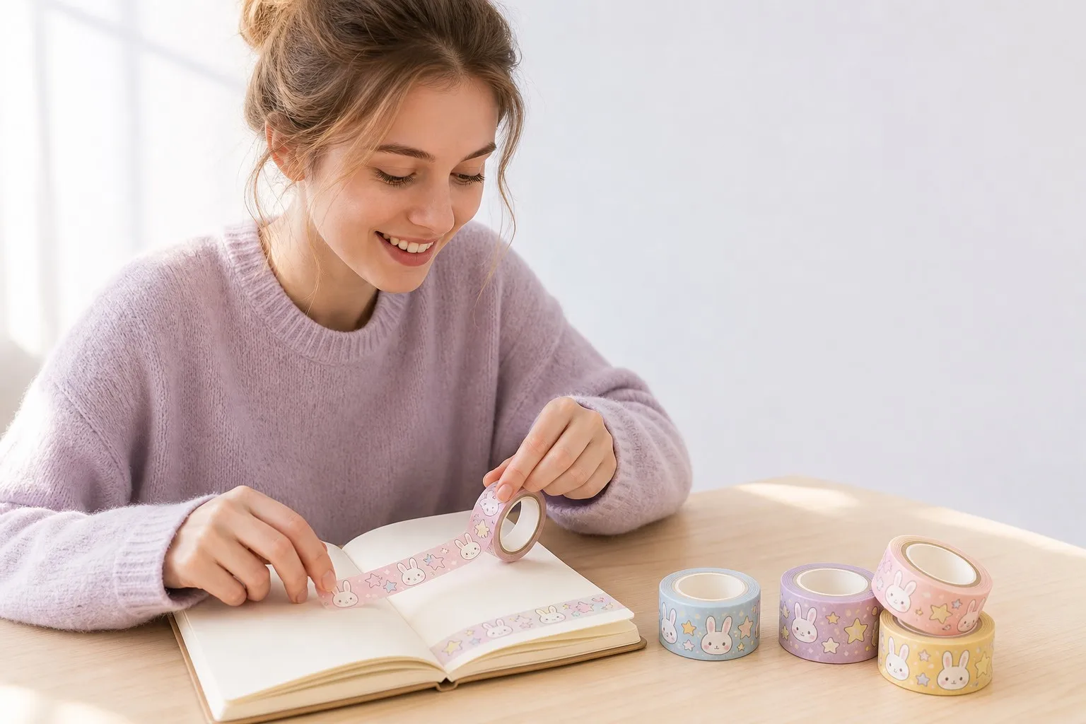 Girl journaling with kawaii washi tape at a bright desk