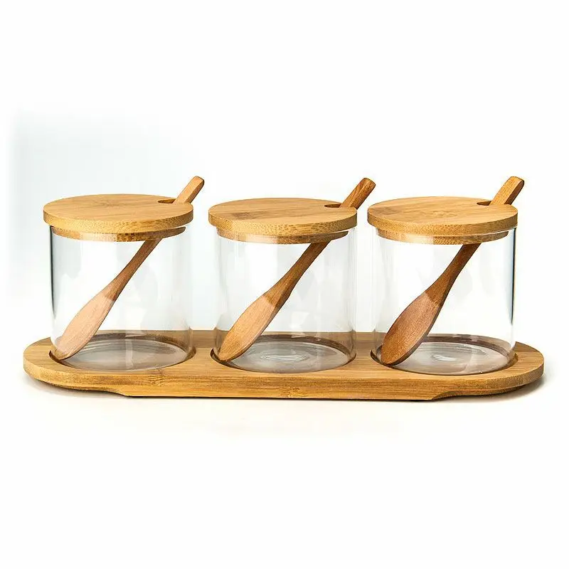 

3 pieces glass storage container jars with bamboo lids in kitchen, Transparent