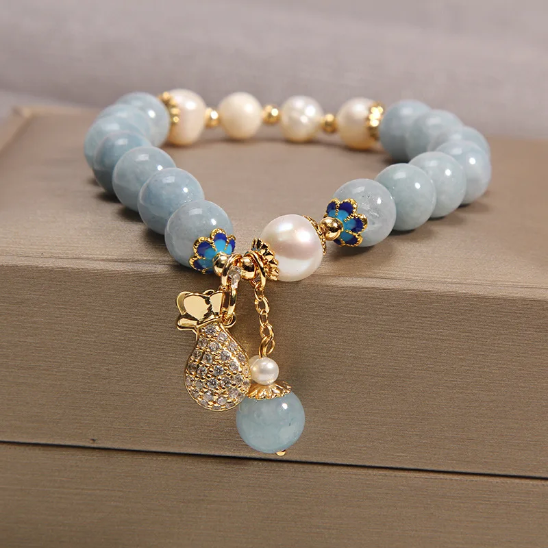 

Natural Stone Aquamarine Pearl Wrap Bracelet Gold Plated Blessing Bag Diamond Pendant Friendship Girl Charm Bracelet, As a picture