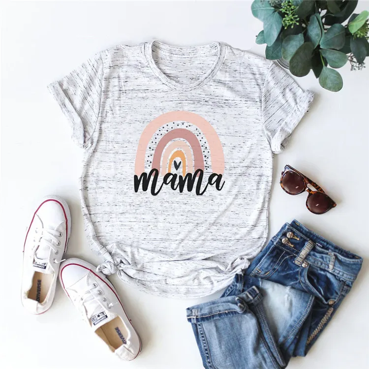 

2021 hot-selling tops Valentine's Day all-match rainbow MAMA letter printed round neck cotton T-shirt, As show