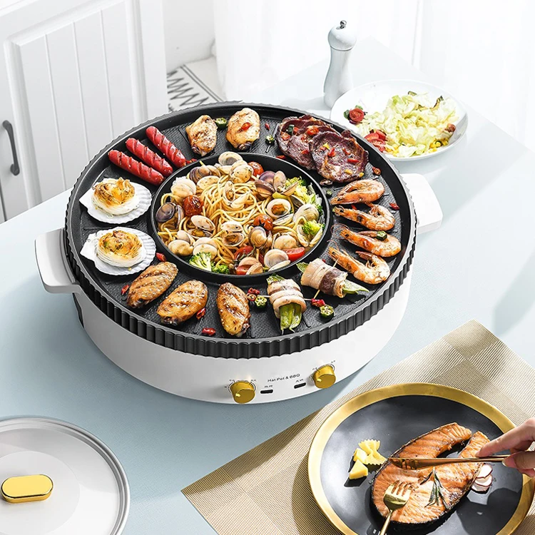 

Electric Hot Pot BBQ Pan Grill Hotpots Steamboat Multifunction Frying Cooker, Blue