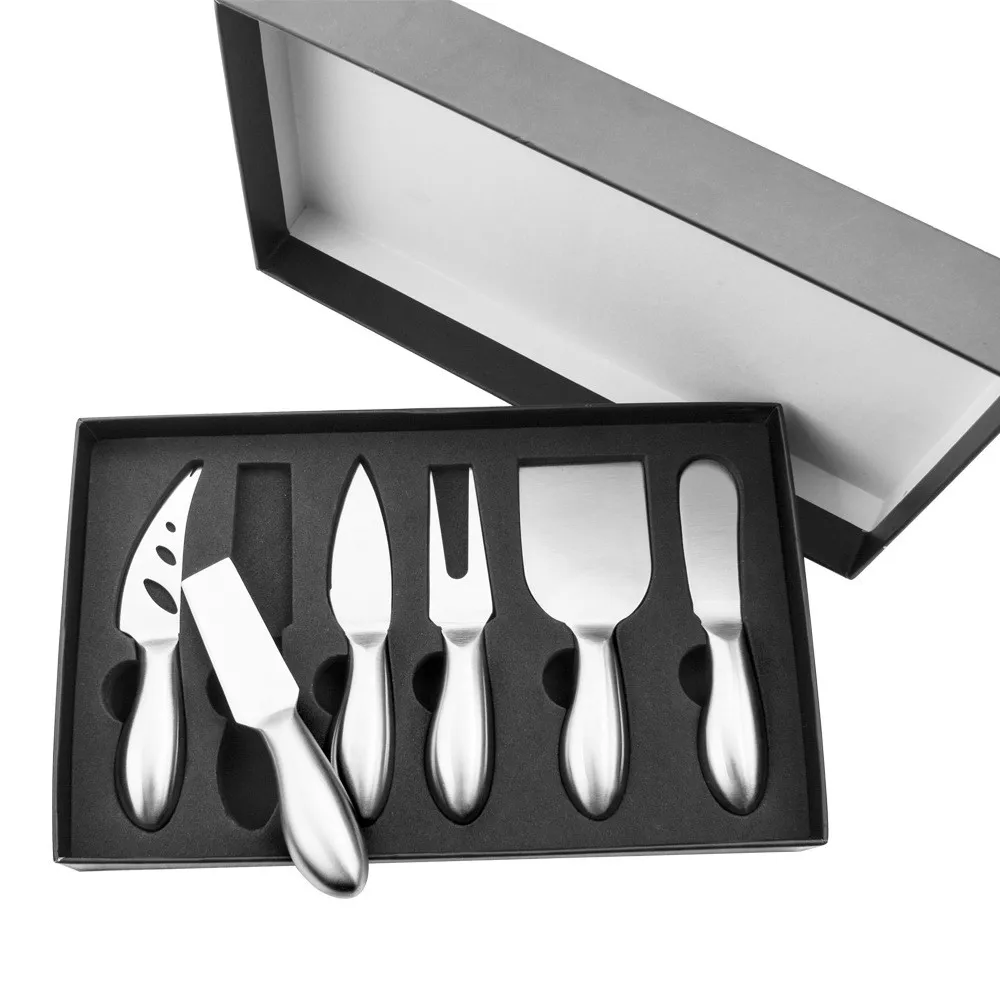 

6 pieces stainless steel cheese knife set kitchen butter cream pizza cut knife and fork with gift box