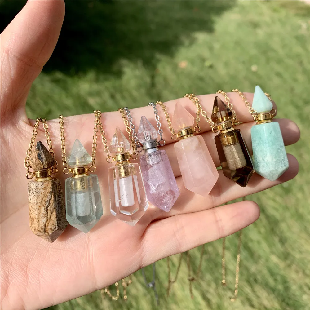 

LS-A3185 new colorful double point perfume bottle necklace jewelry,hot essential oil gemstone crystal pendant necklace jewelry