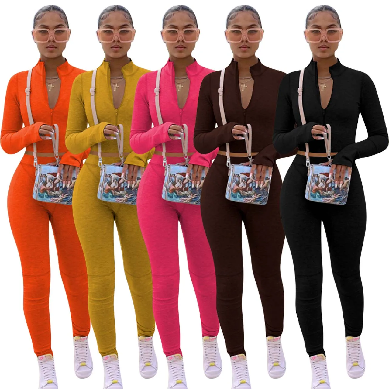 

Fall 2021 Fashionable Women Clothes Solid Color Sets Two Piece Women's Sets